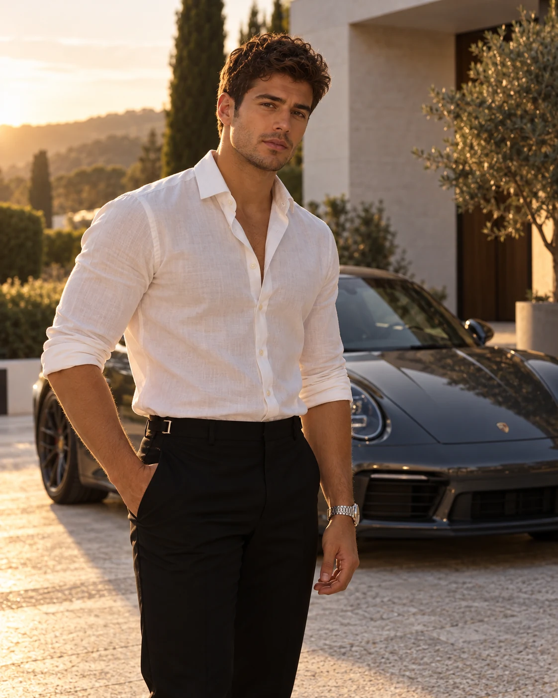 Pedro Fanuchi em retrato de autoridade, com uma Porsche ao fundo