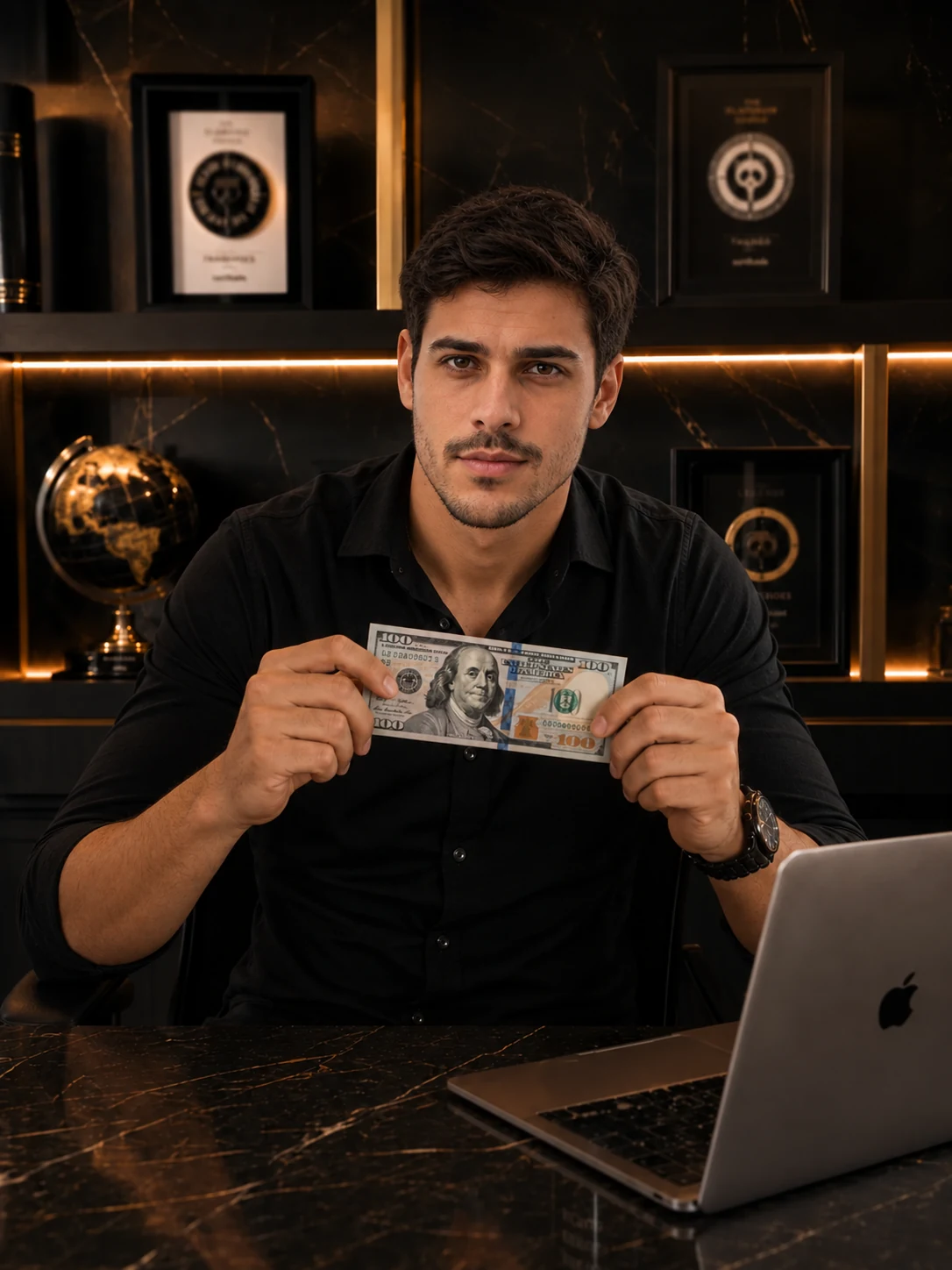 Pedro Fanuchi segurando uma nota de cem dólares no escritório